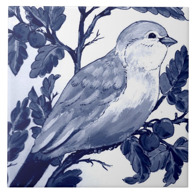 Dark Navy Blue White Bird & Cherry Tree Cobalt Tile (Front)
