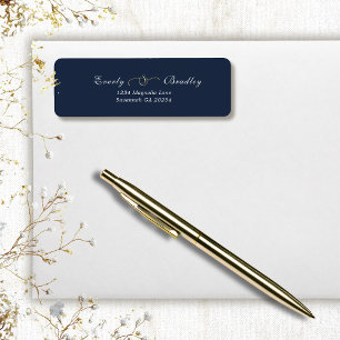 Dark Navy Blue White Script Elegant Return Address