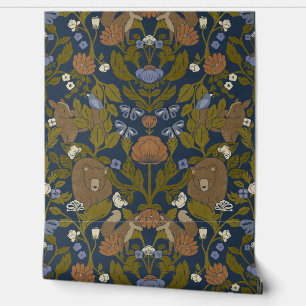 Dark Navy Blue Woodland Block Print Damask Wallpaper