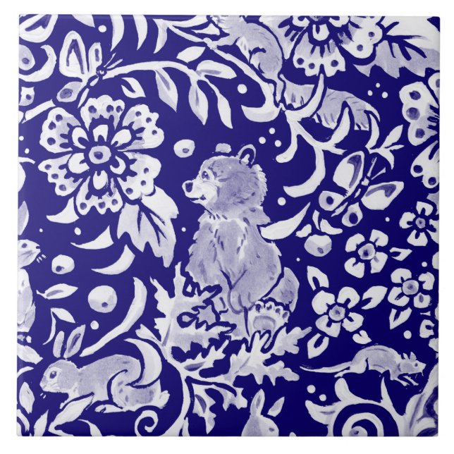 Dark Navy Blue Woodland MURAL Bear Top Right   Tile (Front)