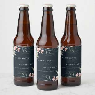 Dark Navy Blush Greenery Floral Bunch Wedding Beer Bottle Label