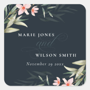 Dark Navy Blush Greenery Floral Bunch Wedding Square Sticker