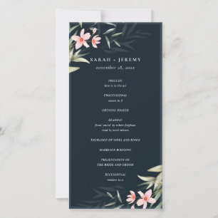 Dark Navy Blush Greenery Floral Wedding Program Thank You Card