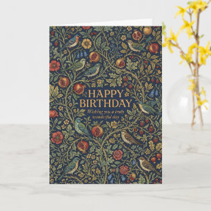 Dark Navy Botanical Birds Floral Happy Birthday Card