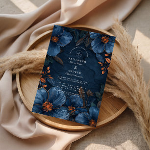 Dark Navy Botanical Romance Invitation