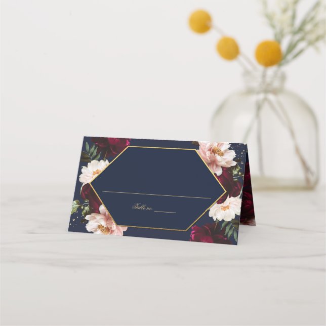 Dark Navy Burgundy Blush Peonies Floral Wedding Place Card (Front)