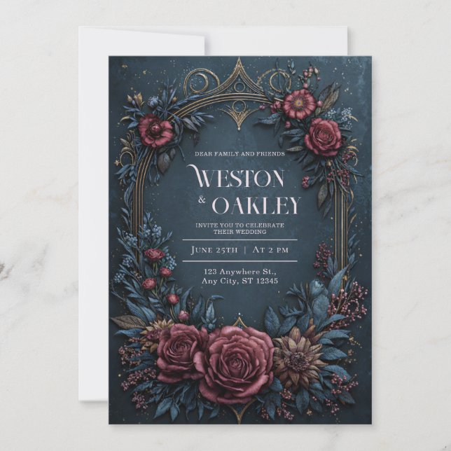 Dark Navy Burgundy Floral Antique Gold Wedding Invitation (Front)