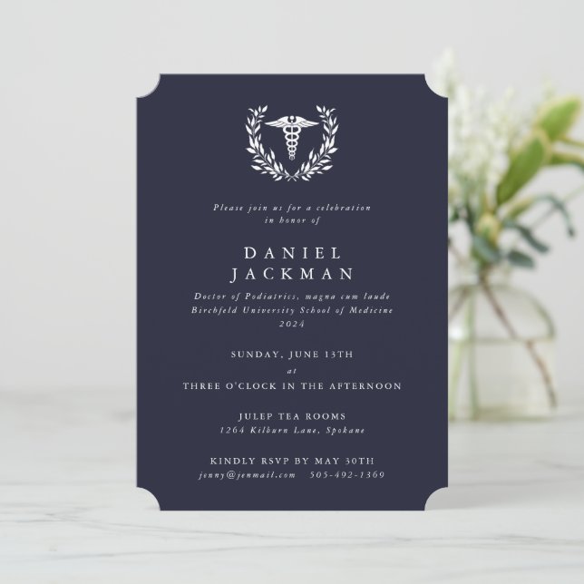 Dark Navy Caduceus Medical School Graduation Invitation (Standing Front)