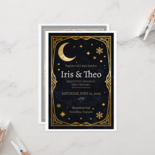 Dark Navy Celestial Moon Stars Gold Wedding Invita Invitation