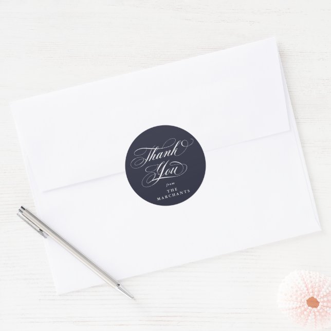 Dark Navy Elegant Script Wedding Thank You Classic Round Sticker (Envelope)
