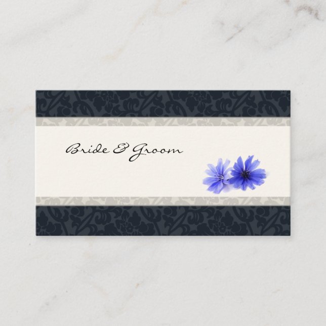 Dark Navy Floral Damask Place Cards, Ivory Place Card (Front)