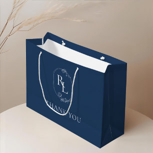 Dark Navy   Floral Monogram Wedding Thank You Large Gift Bag