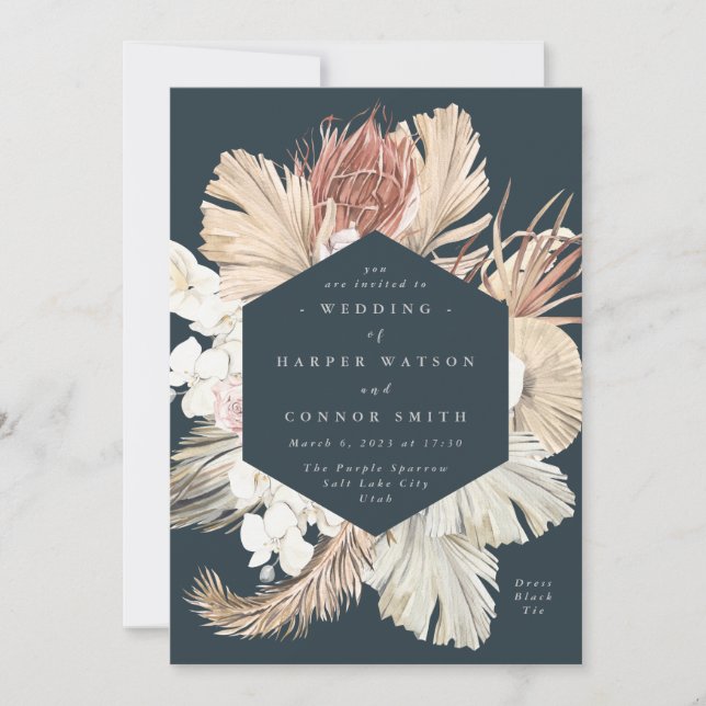 Dark Navy Floral Pampas Dried Grass Jungle Wedding Invitation (Front)