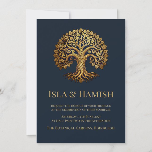 Dark Navy Gold Celtic Tree Wedding Invitation | Lu (Front)