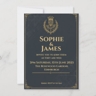 Dark Navy Gold Heraldic Thistle Scottish Wedding I Invitation