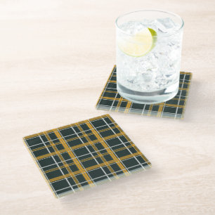 Dark Navy Gold Plaid Aesthetic Glass Coaster