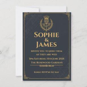 Dark Navy Gold Scottish Thistle Crest Wedding Invi Invitation
