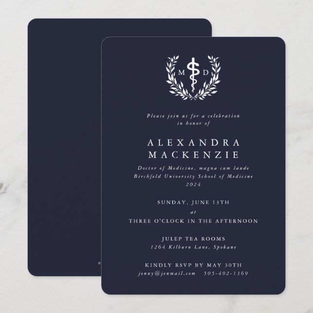 Dark Navy MD Asclepius + Laurel Wreath Graduation Invitation (Front/Back)