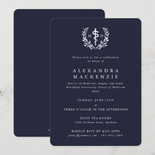 Dark Navy MD Asclepius + Laurel Wreath Graduation Invitation