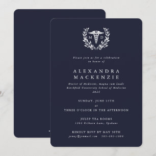 Dark Navy MD Caduceus+Laurel Wreath Graduation Invitation