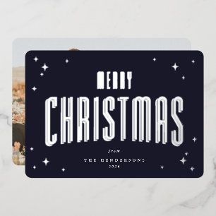 Dark Navy Merry Christmas Retro Stars Photo Foil Holiday Card