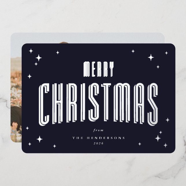 Dark Navy Merry Christmas Retro Stars Photo  Foil Holiday Card (Front/Back)
