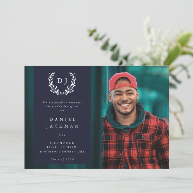 Dark Navy Monogram Laurel Wreath Graduation Photo Announcement (Standing Front)