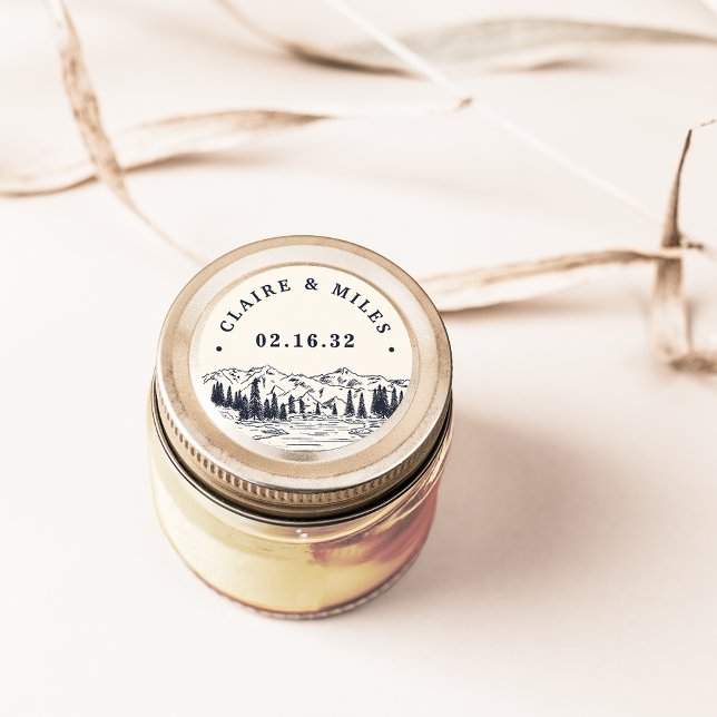 Dark Navy | Mountain Sketch Personalised Wedding Classic Round Sticker (Creator Uploaded)