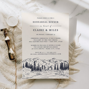 Dark Navy Mountain Sketch Rehearsal Dinner Invitation