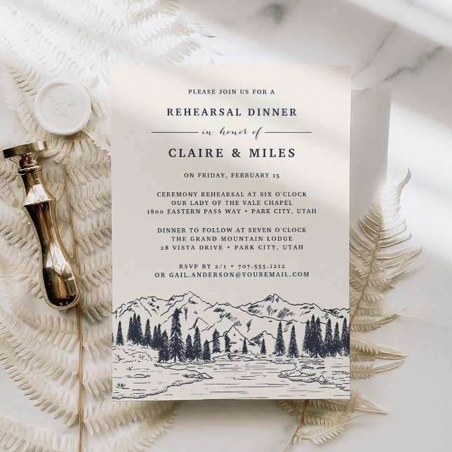 Dark Navy | Mountain Sketch Rehearsal Dinner Invitation (Creator Uploaded)
