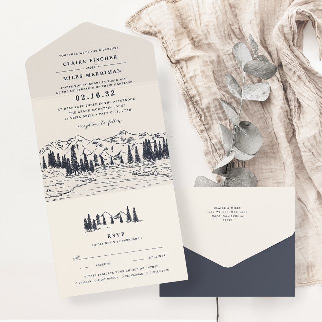 Dark Navy | Mountain Sketch Wedding All In One Invitation (Creator Uploaded)
