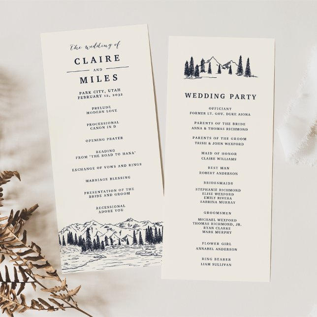 Dark Navy | Mountain Sketch Wedding Ceremony Programme (Creator Uploaded)