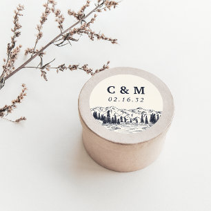 Dark Navy Mountain Sketch Wedding Monogram Classic Round Sticker