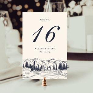 Dark Navy   Mountain Sketch Wedding Table Number