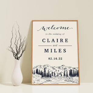 Dark Navy   Mountain Sketch Wedding Welcome Sign