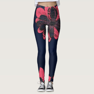 Dark Navy & Pink Floral Botanical Print Leggings