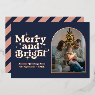 Dark Navy & Rose Gold Modern Retro Christmas Photo Foil Holiday Card
