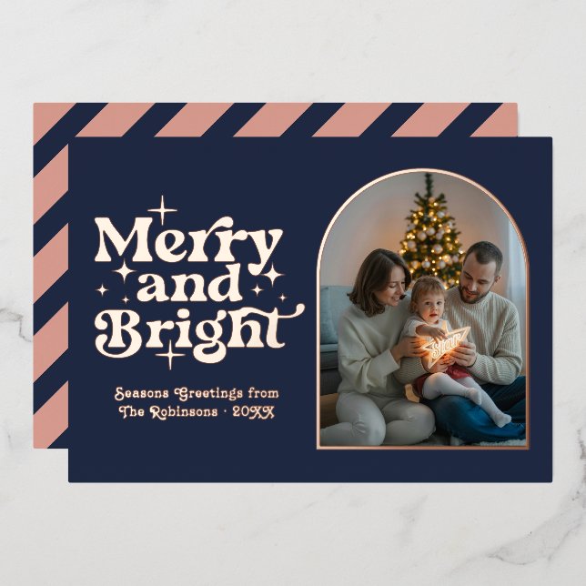 Dark Navy & Rose Gold Modern Retro Christmas Photo Foil Holiday Card (Front/Back)