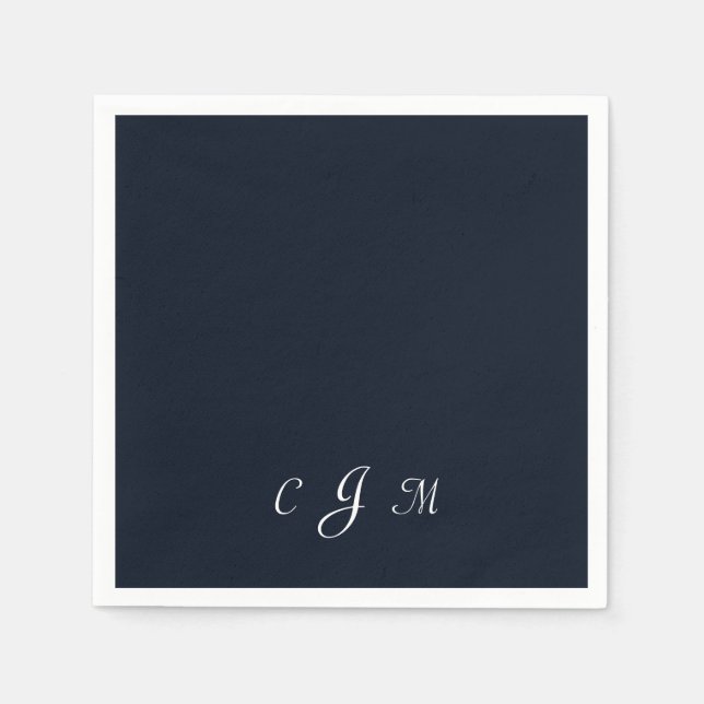 Dark Navy Script Monogram Wedding Cocktail Napkin (Front)