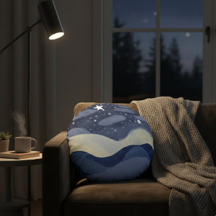 Dark Navy Sky Watercolor Waves Single Star Celesti Round Cushion