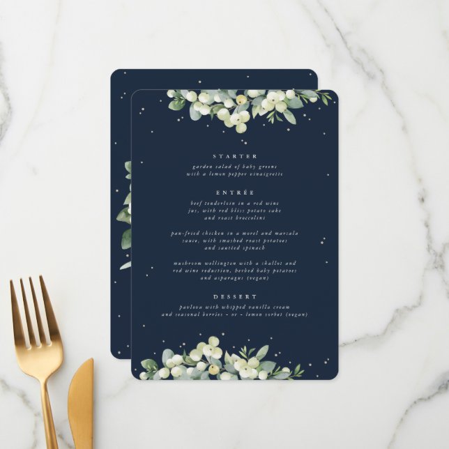 Dark Navy Snowberry+Eucalyptus 3 Course Wedding Menu (Front/Back In Situ)