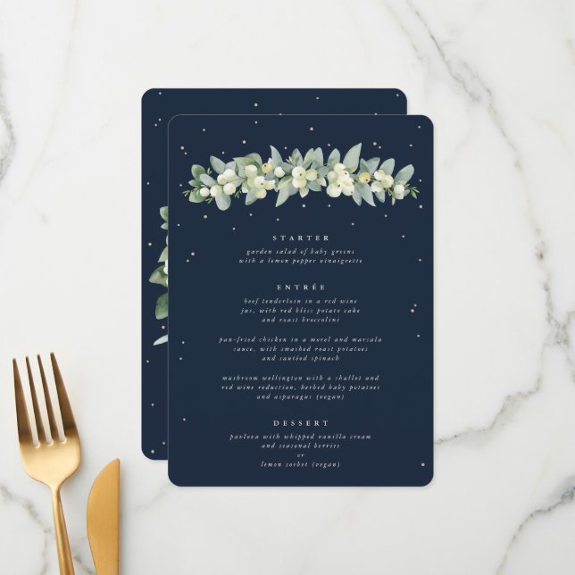 Dark Navy Snowberry+Eucalyptus 3 Course Wedding Menu (Front/Back In Situ)