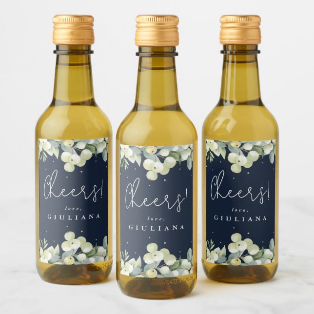 Dark Navy Snowberry+Eucalyptus Bachelorette Mini Wine Label (Bottles)