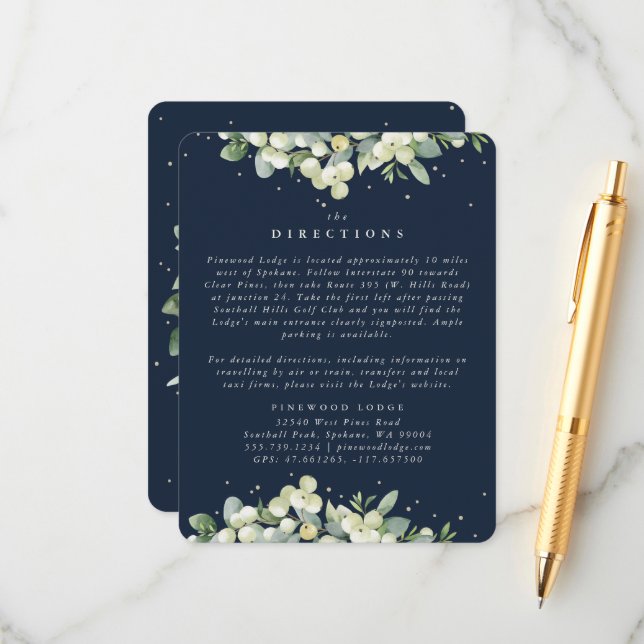 Dark Navy Snowberry+Eucalyptus Edged Directions Enclosure Card (Front/Back In Situ)