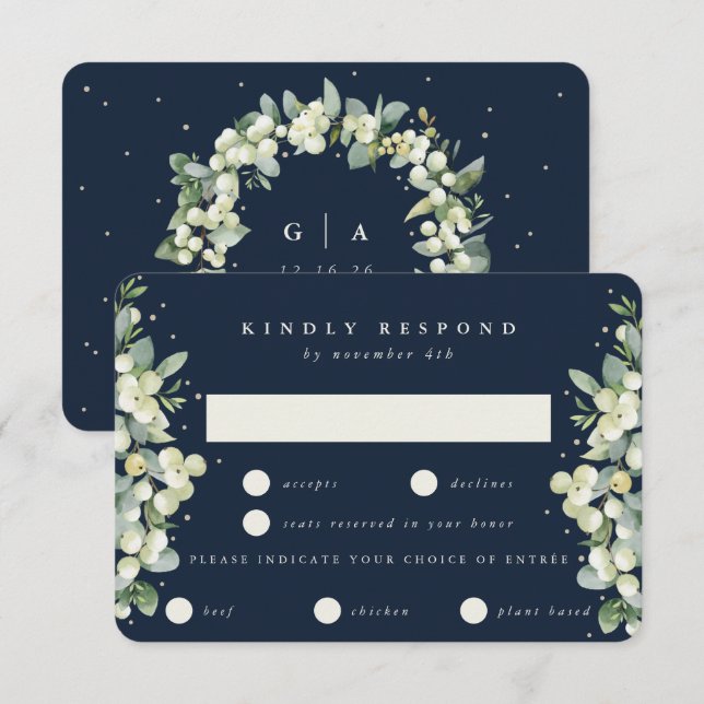 Dark Navy Snowberry+Eucalyptus Edged Wedding RSVP Card (Front/Back)
