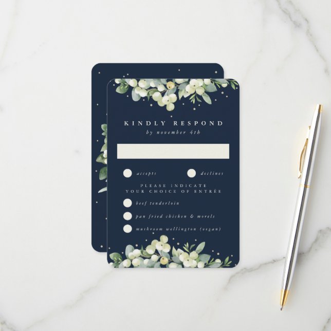Dark Navy Snowberry+Eucalyptus Edged Wedding RSVP Card (Front/Back In Situ)