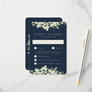 Dark Navy Snowberry+Eucalyptus Edged Wedding RSVP Card