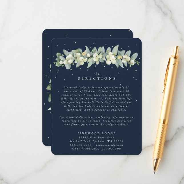 Dark Navy Snowberry+Eucalyptus Garland Directions Enclosure Card (Front/Back In Situ)