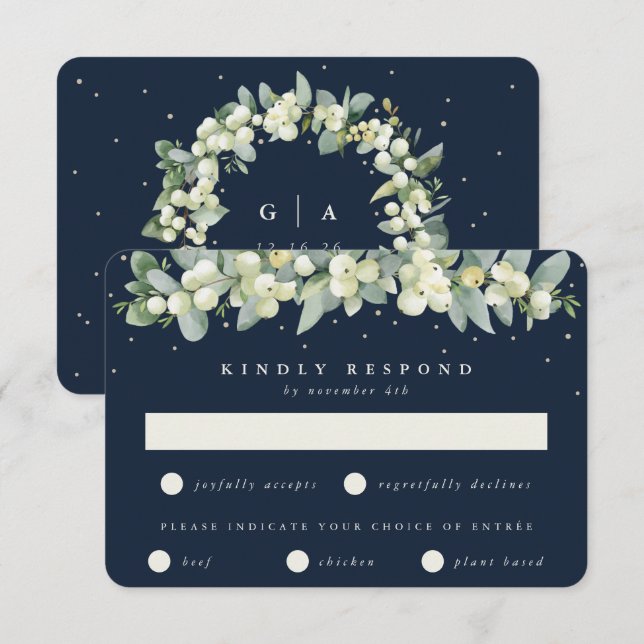 Dark Navy Snowberry+Eucalyptus Garland Wedding RSVP Card (Front/Back)