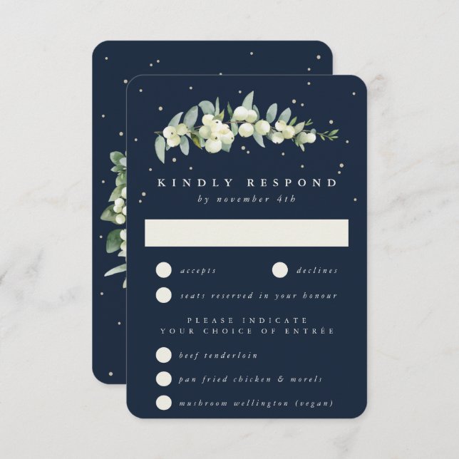 Dark Navy Snowberry+Eucalyptus Stem Wedding RSVP Card (Front/Back)